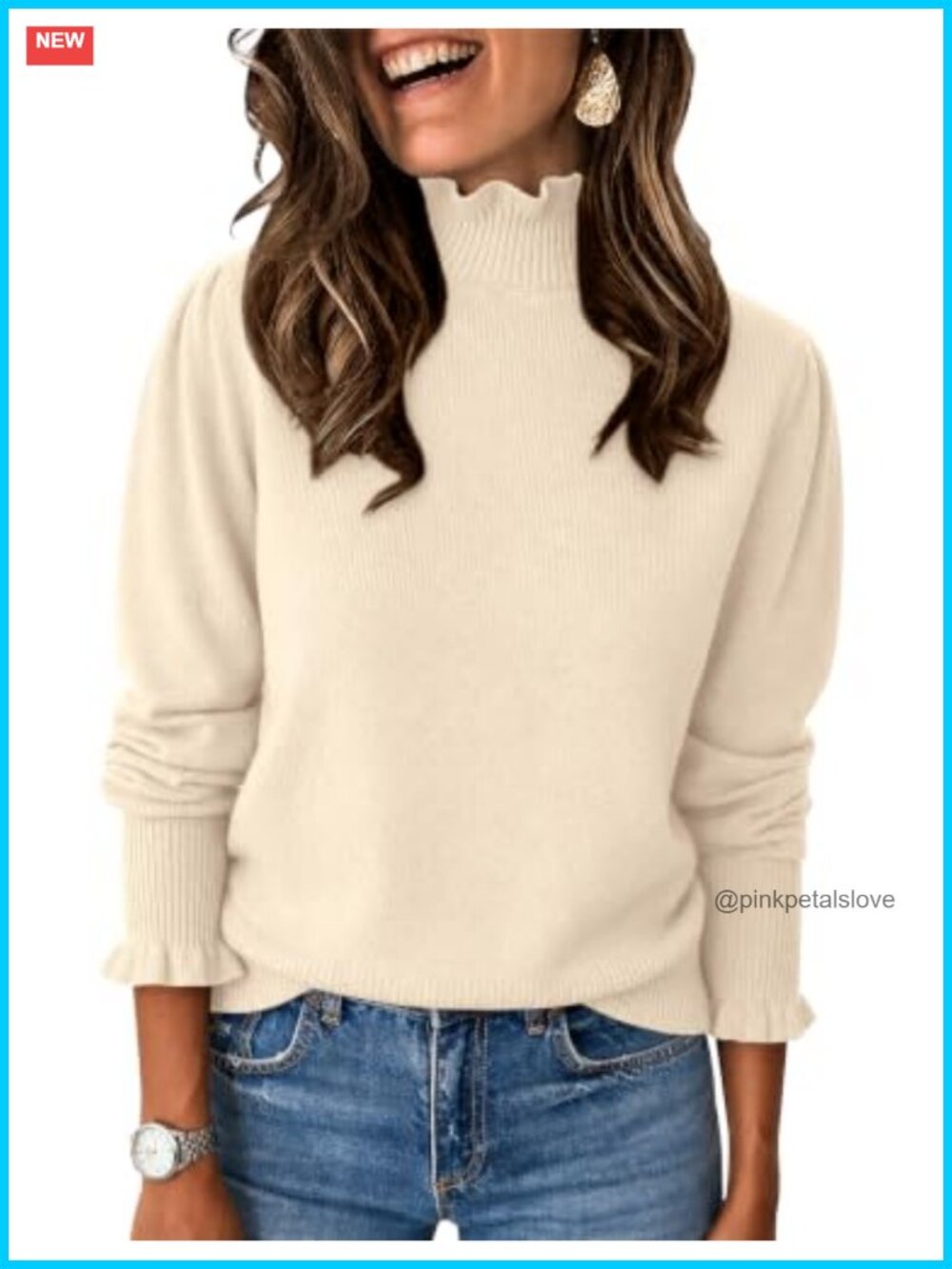 Viscose Blend Ruffle Mock Neck Puff Sleeve Pullover Sweater